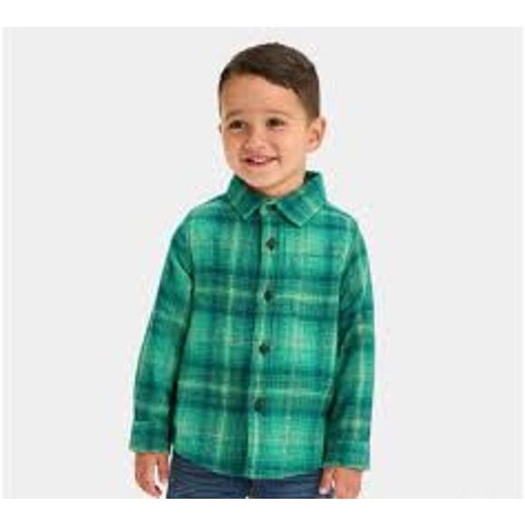 Cat and Jack Boys Flannel Button Down Shirt Size 12 Months Green NEW Soft Warm - Picture 1 of 5